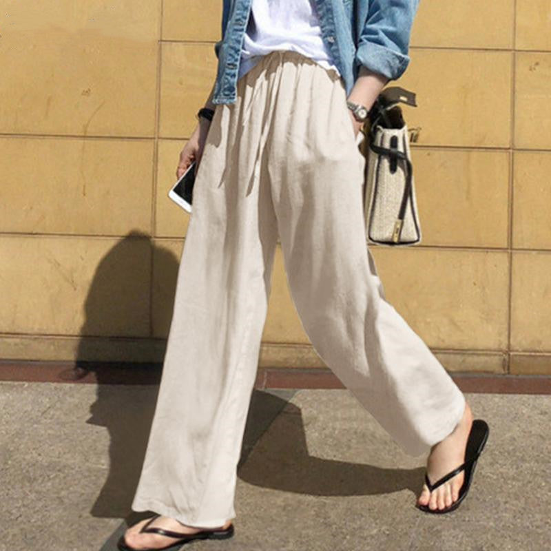 Women’s Wide-Leg Pants – 100% Cotton – High Waist – Elastic Waistband – Pleated Casual Fit