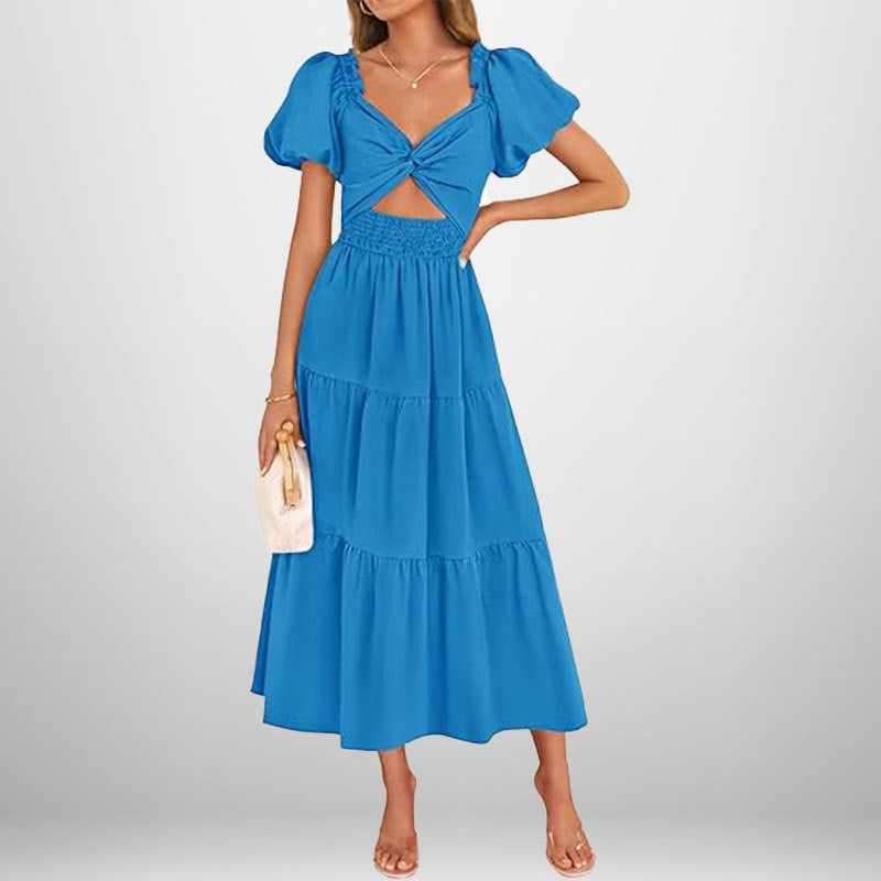 Women’s Long Dress – V-Neck – Puff Sleeve – Smocked Waist – Tiered A-Line Skirt