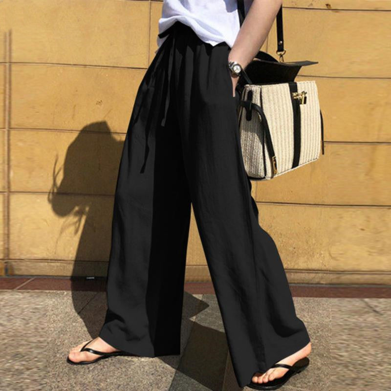 Women’s Wide-Leg Pants – 100% Cotton – High Waist – Elastic Waistband – Pleated Casual Fit