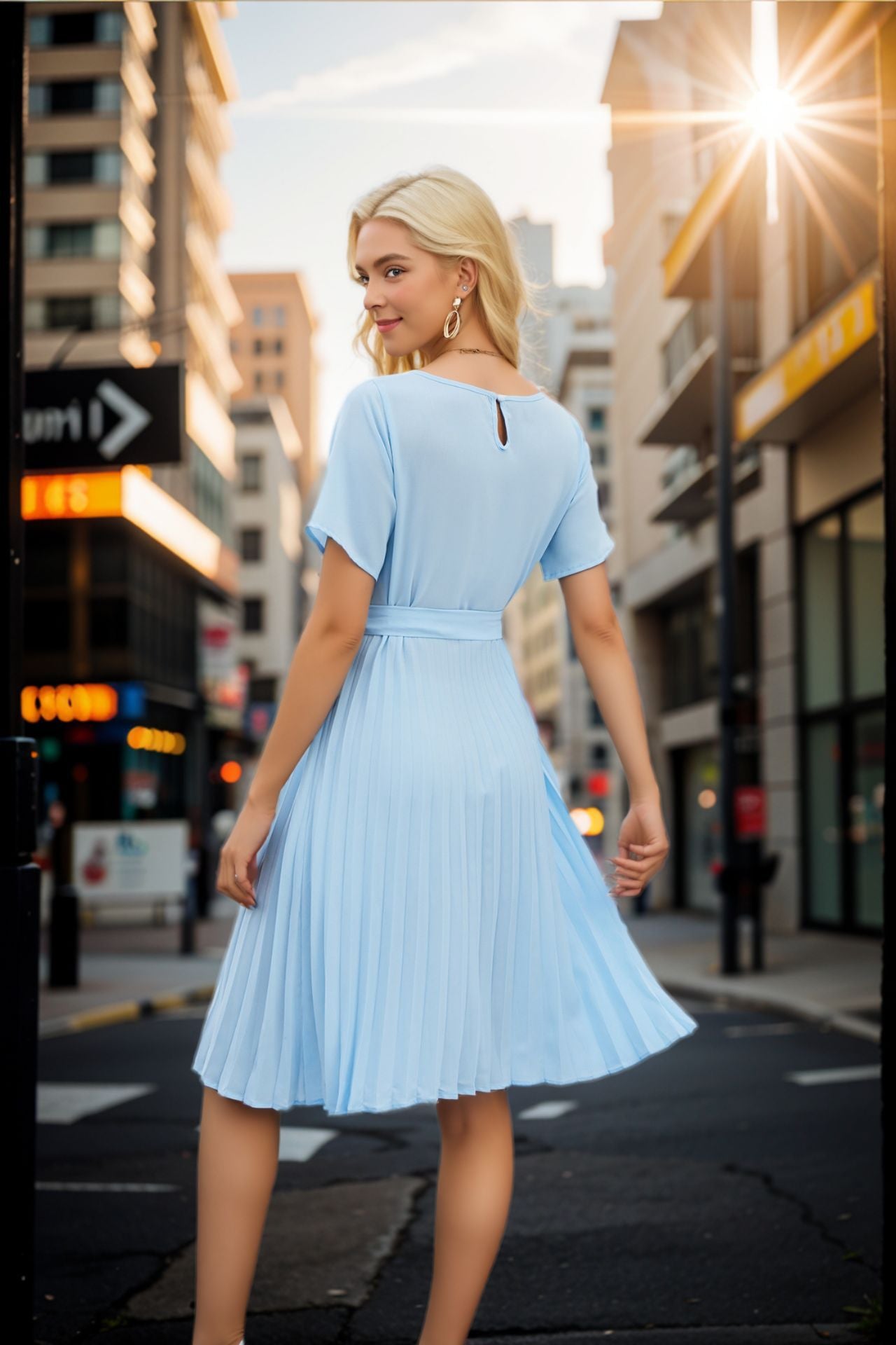 Women's Midi Dress - Short Sleeve - Tie Waist - Pleated Skirt