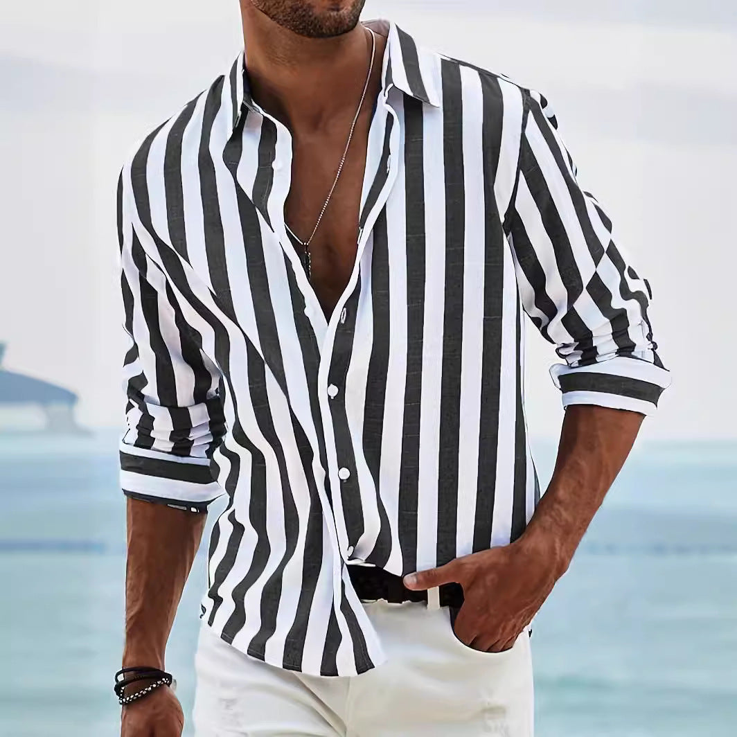 Men’s Long Sleeve Shirt – Cotton Linen Blend – Relaxed Fit – Button-Up Striped Casual