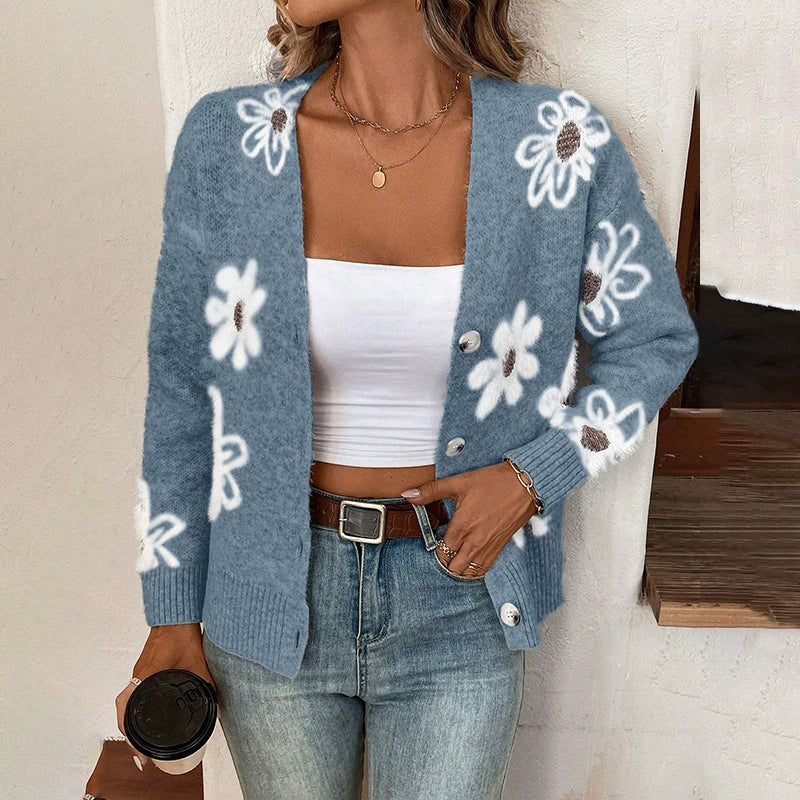 Women’s Cardigan – Wool Knit – Floral Jacquard – Button Front – Casual Fit – Ribbed Trim