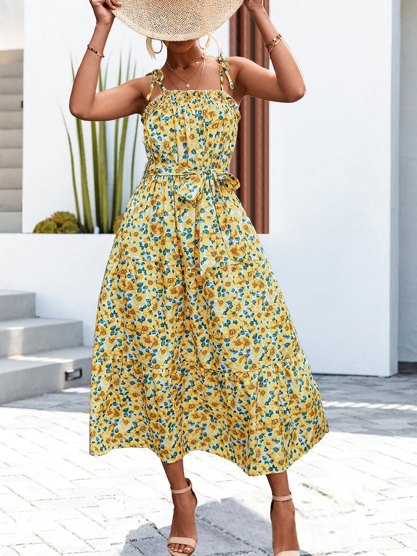 Women's Sundress - Floral Print - Square Neck - Tie-Strap - Cinched Waist - Midi Length