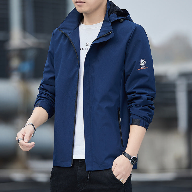 Men’s Windbreaker Jacket – Regular Fit – Water-Resistant – Detachable Hood – Zip Pockets