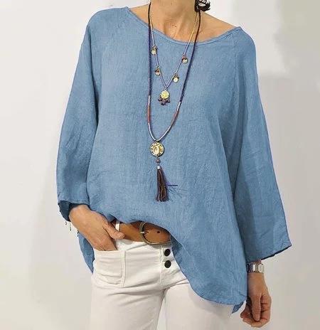 Women’s Cotton Linen Top – Relaxed Fit – 3/4 Raglan Sleeve – Asymmetrical Hem