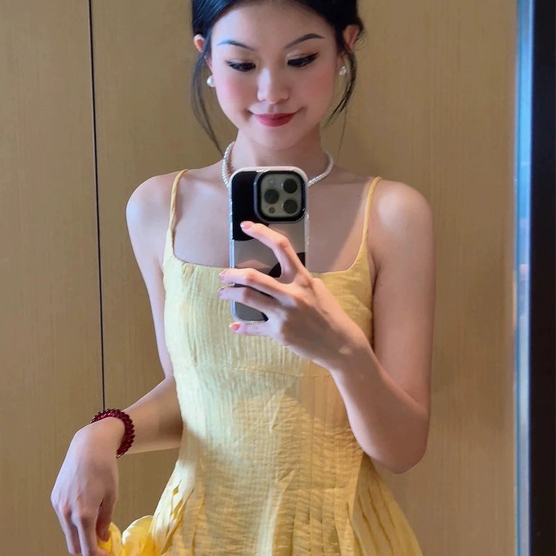 Women's Sundress - Spaghetti Straps - Flared Skirt - Elegant Yellow