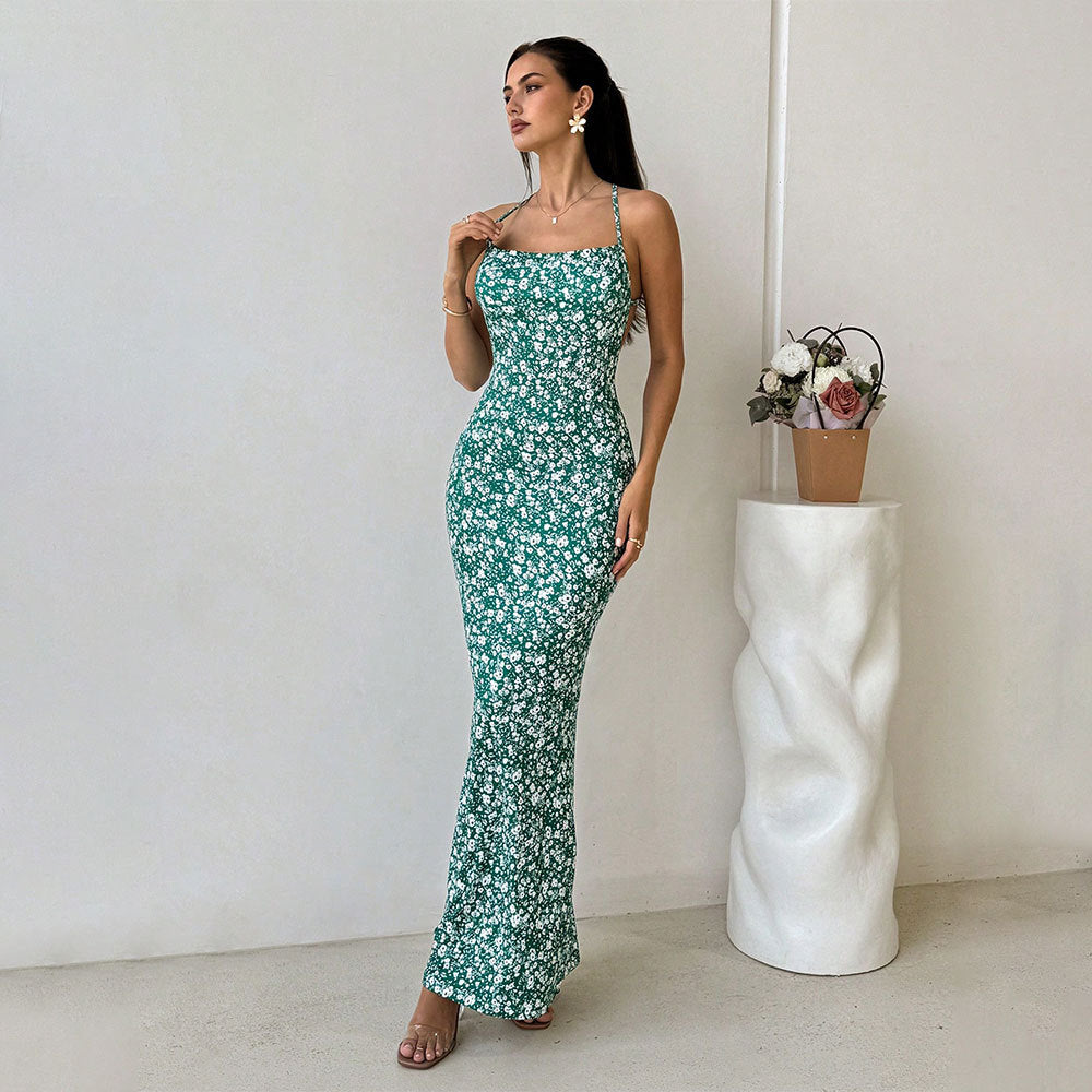 Women’s Sundress – Slim Fit – Spaghetti Straps – Floral Print – Full Length – Open Back