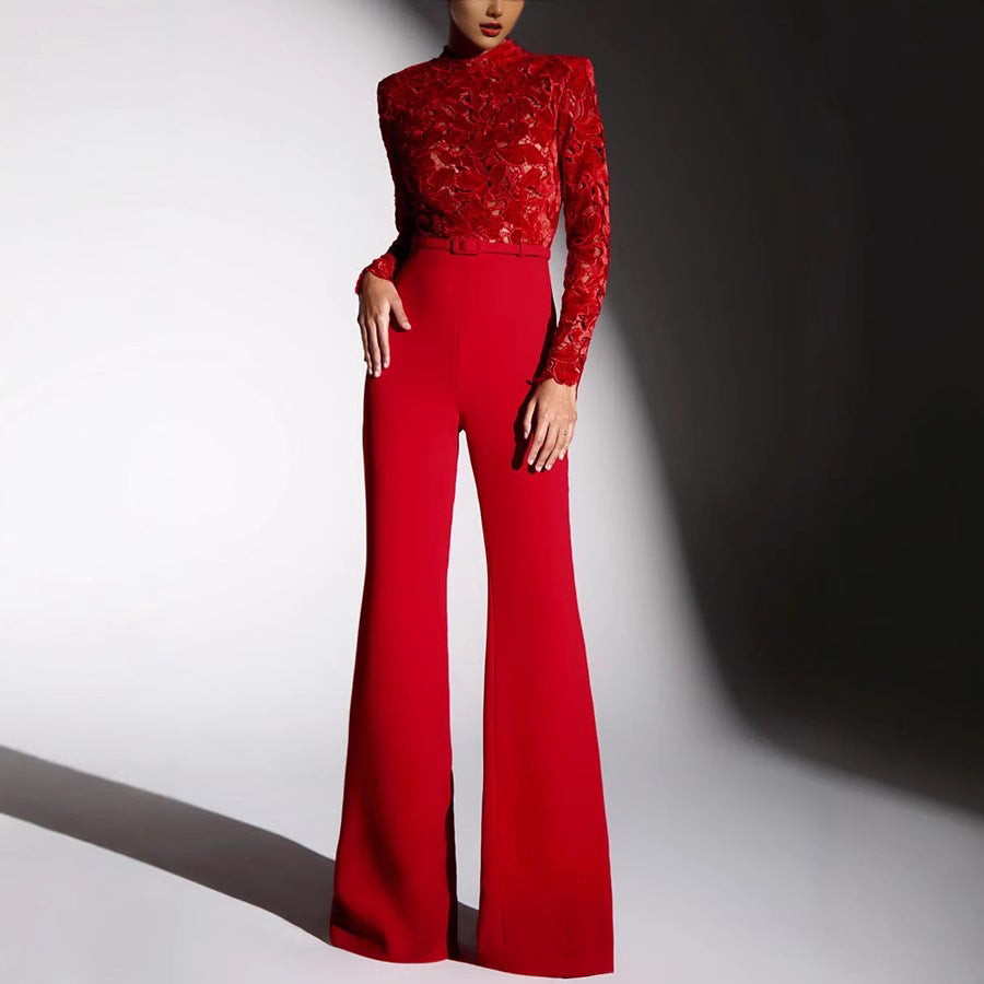 Women’s Jumpsuit – Embroidered Lace Top – Belted Waist – Flared Leg Elegant Fit