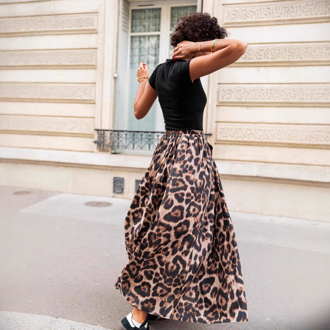 Women’s Pleated Maxi Skirt – Flared Fit – Flowing Lightweight Fabric – Leopard Print