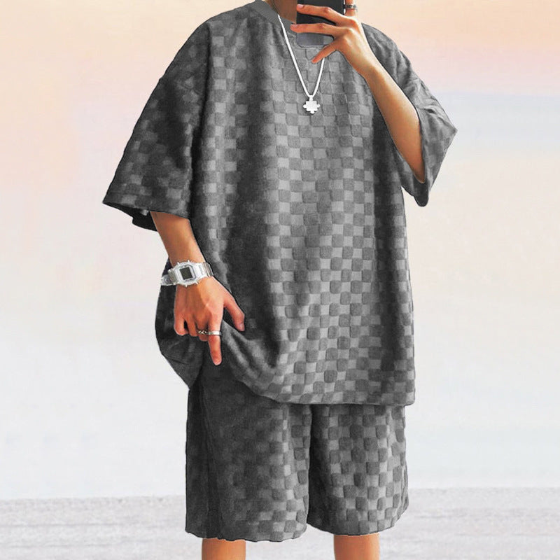 Men’s Casual Set – Jacquard Knit – Oversized Shirt & Relaxed Fit Shorts