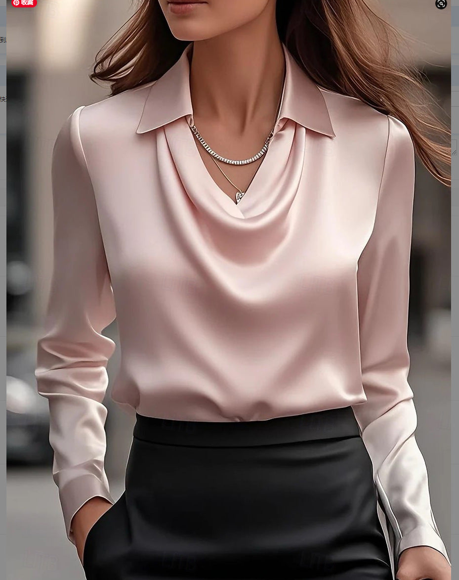 Women’s Blouse – Satin Feel – Draped Cowl Neck – Tailored Fit – Long Sleeve