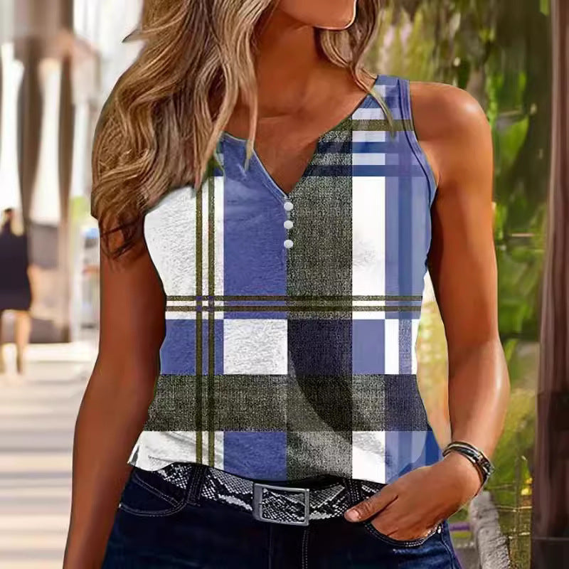 Women’s Tank Top – Fitted Silhouette – Breathable Blend – V-Neck – Plaid – Button Front