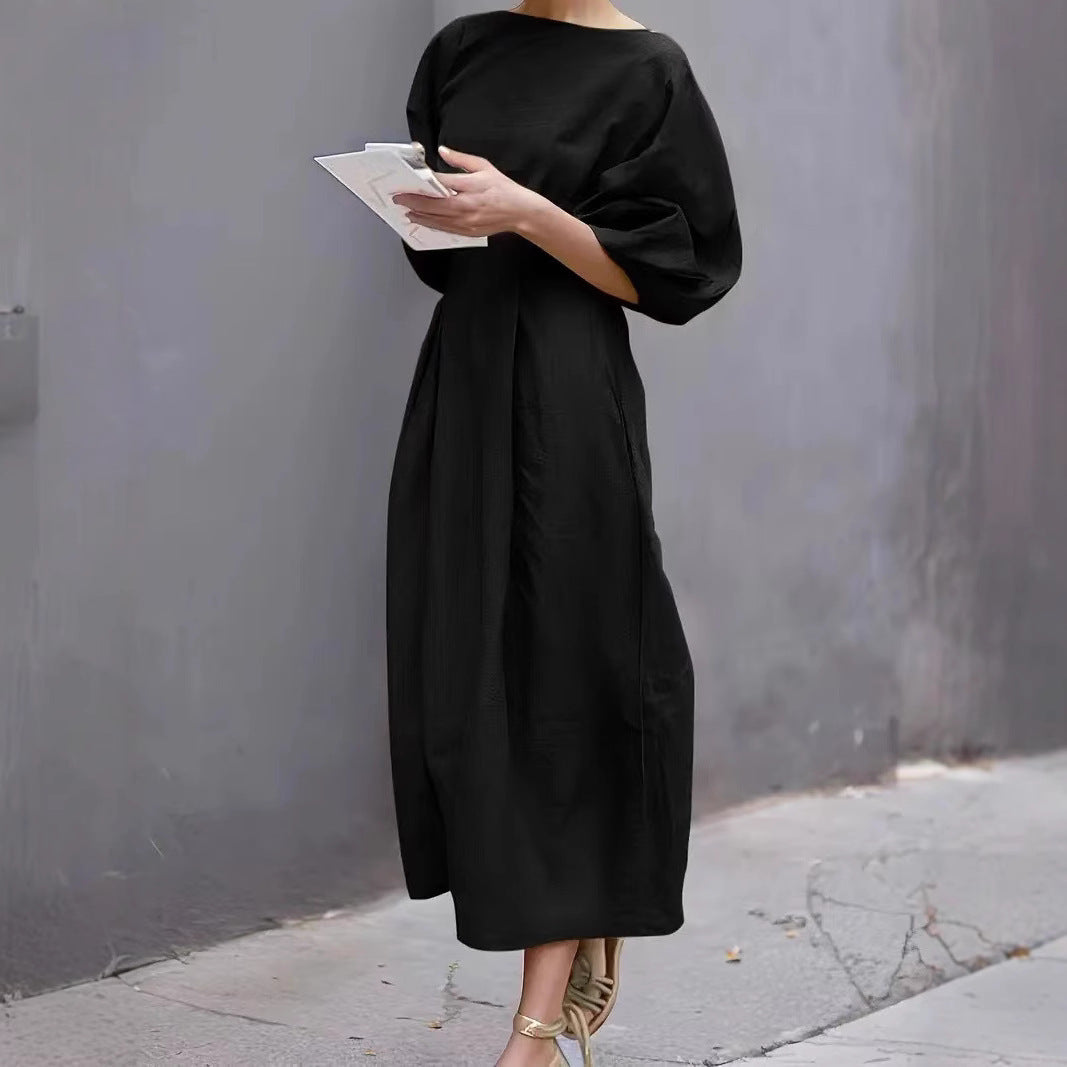 Women’s Long Dress – Puff Sleeve – Loose Fit – Round Neck – Lightweight Casual Wear