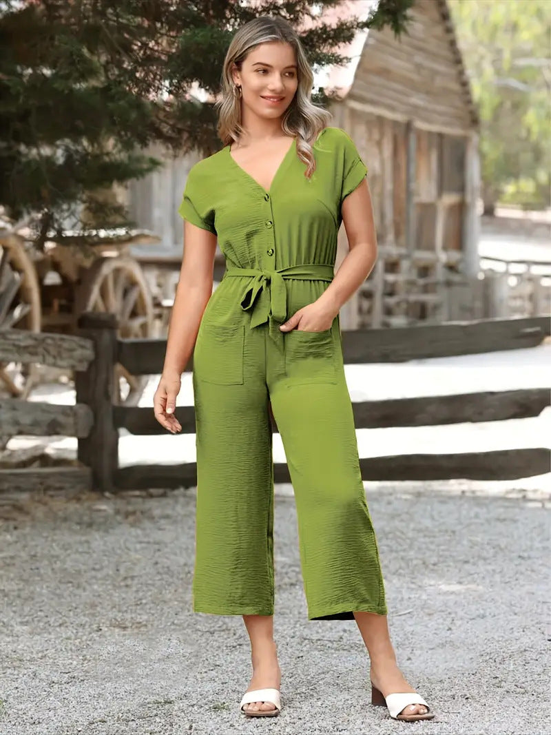 Women’s Jumpsuit – Lightweight Cotton Blend – V-Neck – Cropped – Belted Waist – Pockets
