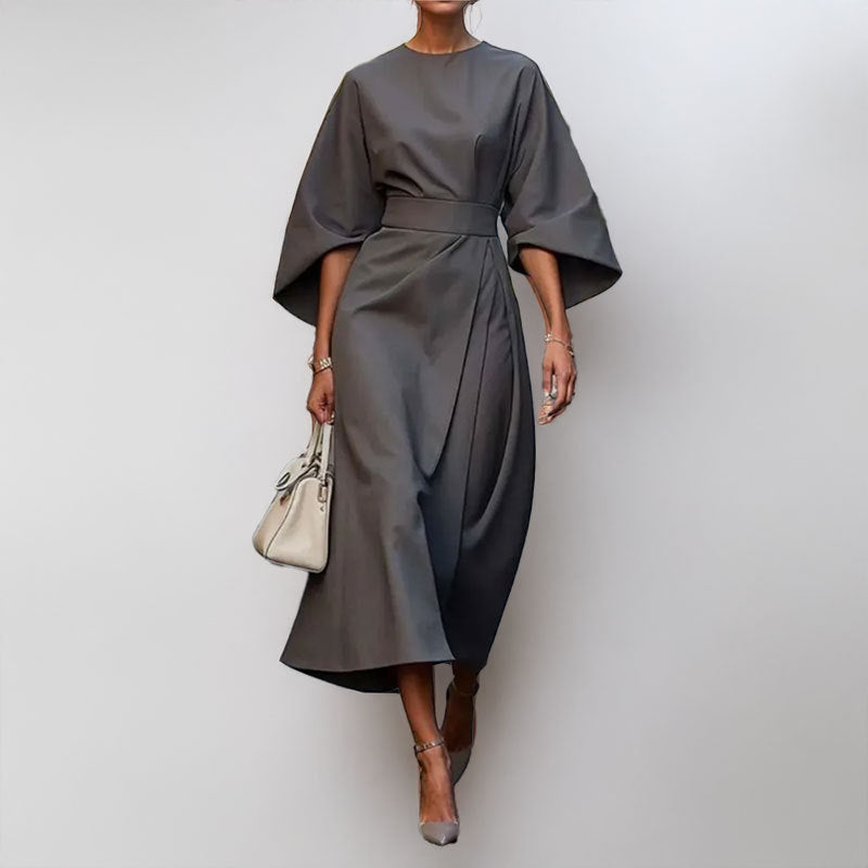Women’s Long Dress – Satin Feel – Batwing Sleeve – Fitted Waist – Draped Silhouette