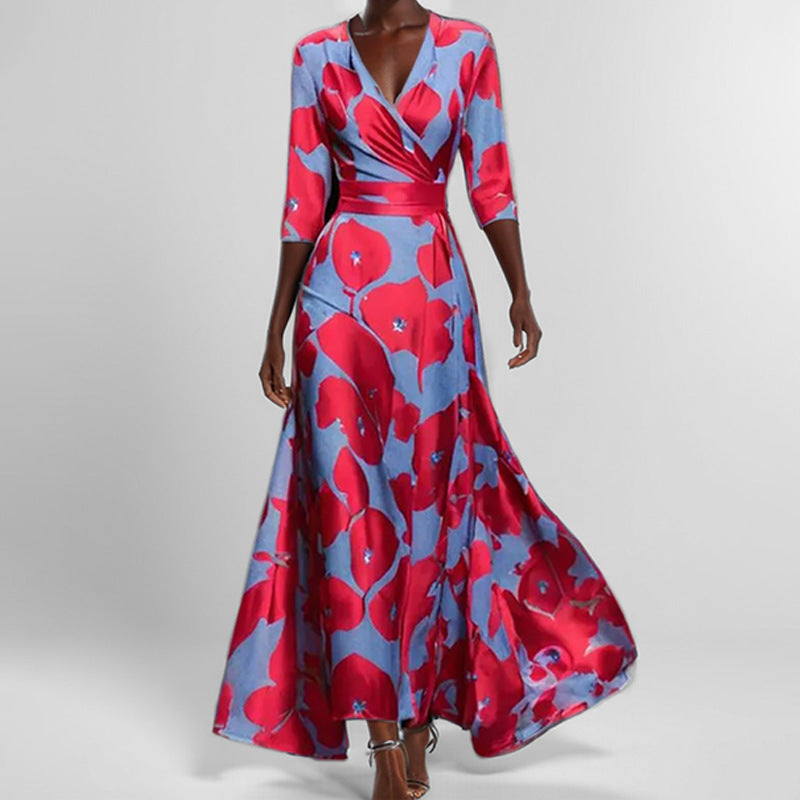 Women's Floral Print V-Neck Maxi Dress with Pockets & Elbow Sleeves