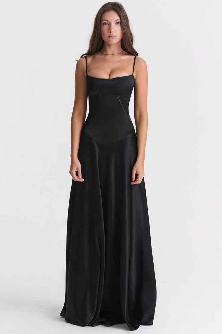 Women’s Evening Dress – Satin Finish – Slim Fit – Spaghetti Strap – Open Back Gown