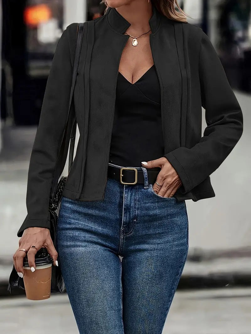 Women’s Short Jacket – Slim Fit – Wool Blend – Stand Collar – Open Front