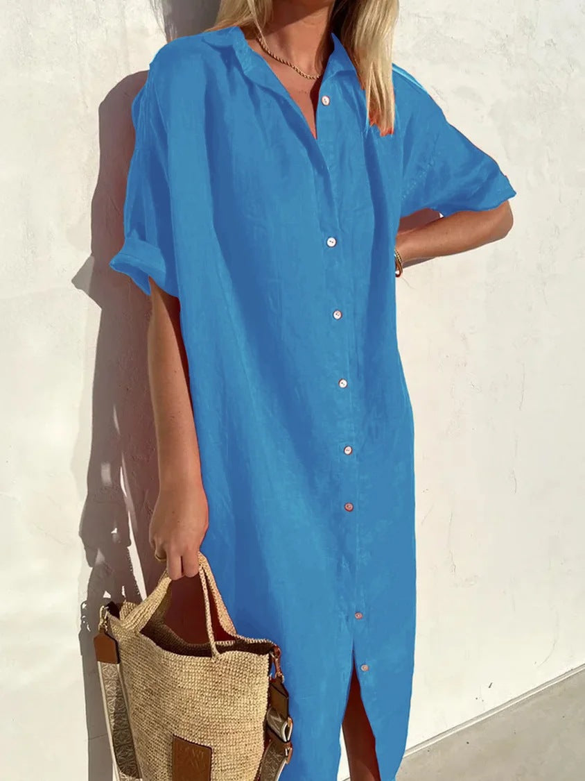 Women’s Shirt Dress – Cotton Linen Blend – Relaxed Fit – Button Down – Midi Length