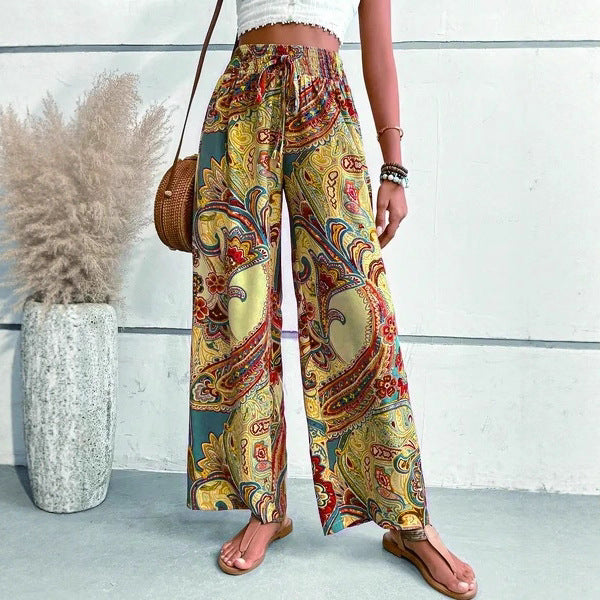 Women’s Wide-Leg Trousers – Bohemian Print – High Waist Tie Belt – Flowy Fit