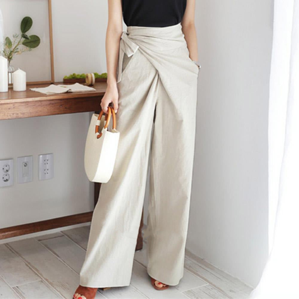 Women’s Wide-Leg Trousers – High Waist – Tie Belt – Lightweight Cotton – Full Length