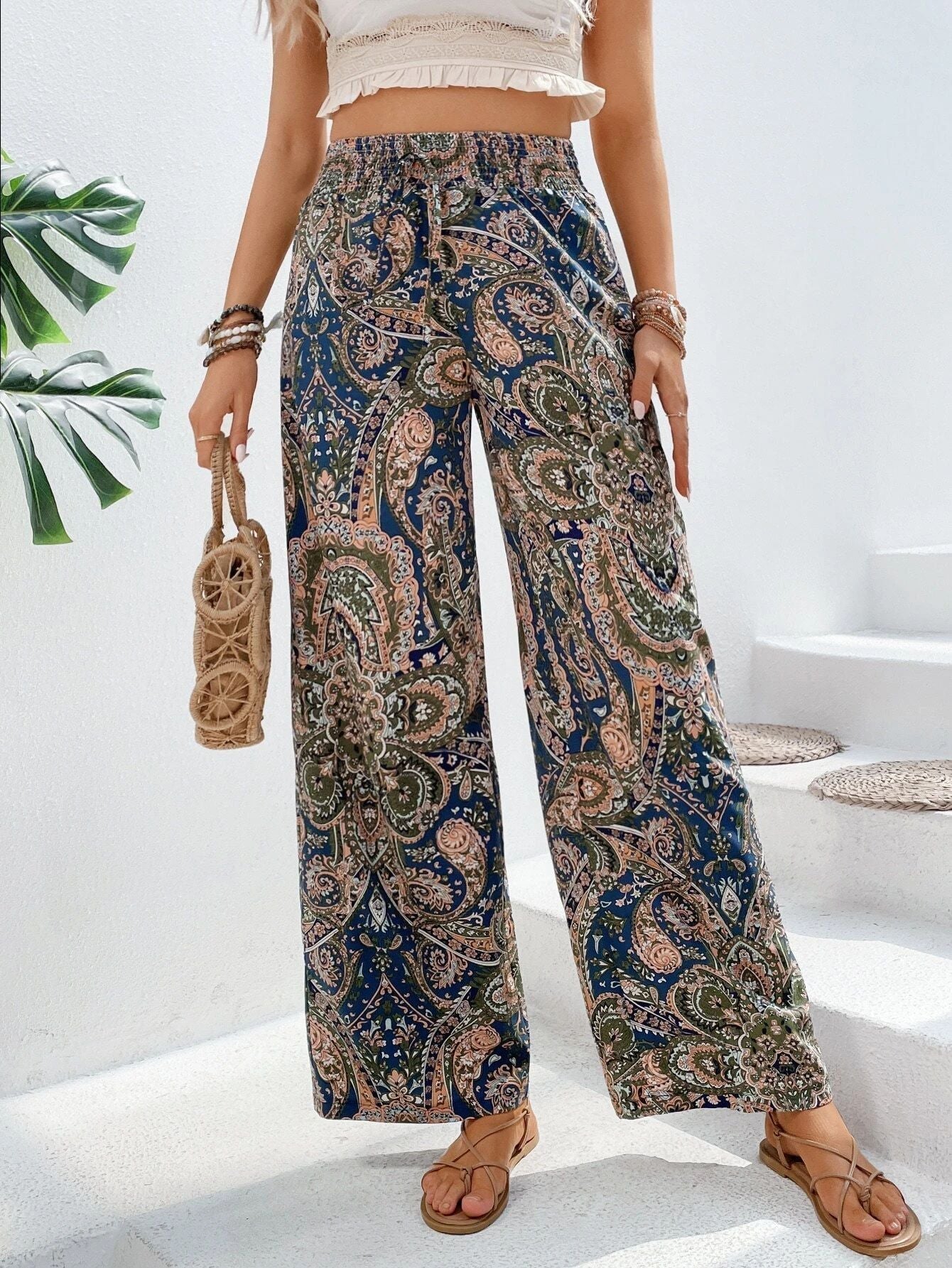 Women’s Wide-Leg Trousers – Relaxed Fit – Elastic Waist – Breathable Blend – Boho Print
