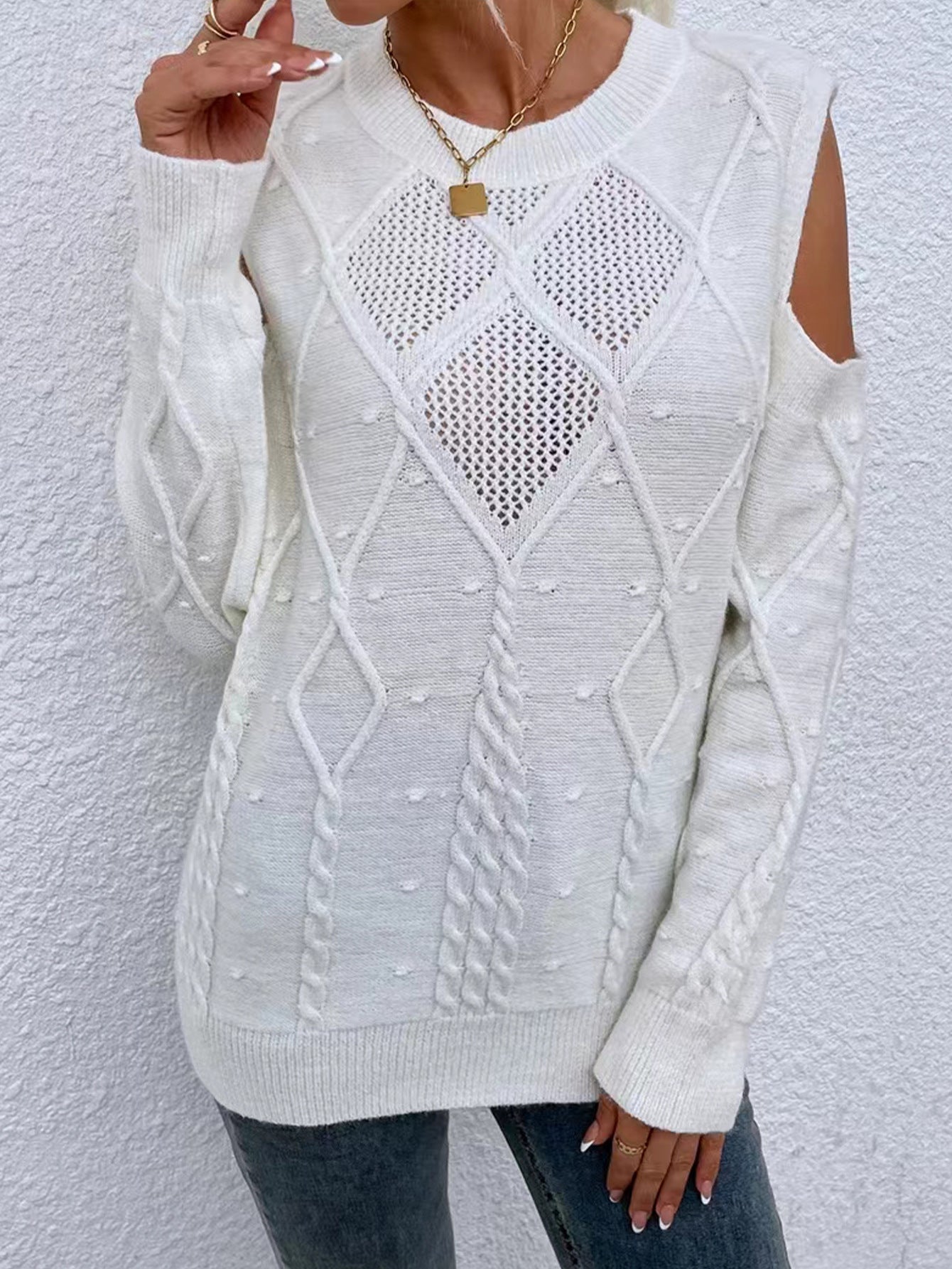 Women’s Sweater – Loose Fit – Open Shoulder – Cable Knit – Ribbed Cuffs