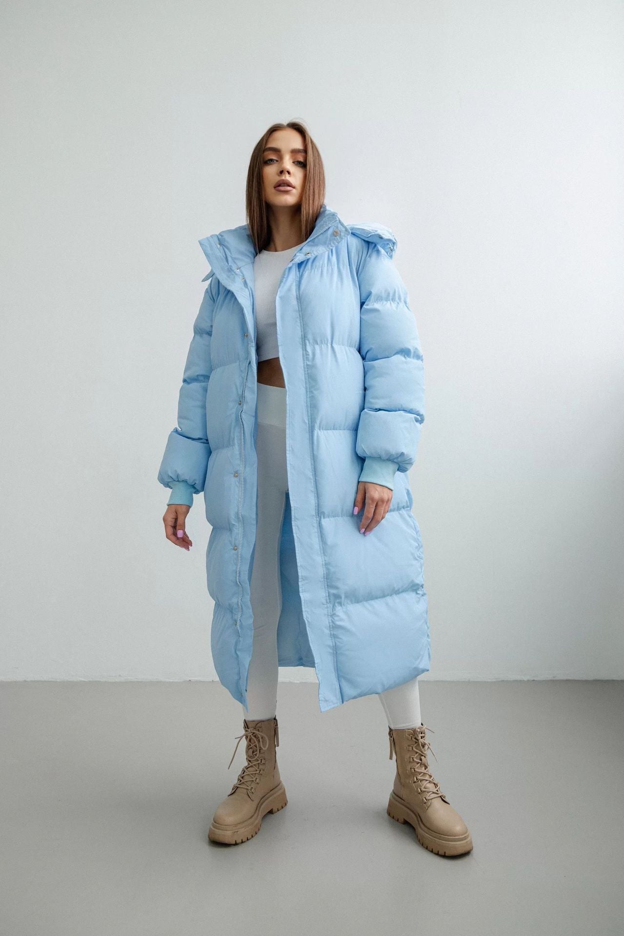 Women’s Long Puffer Trench Coat – Oversized Fit – Quilted Insulated – Hooded Zip Closure