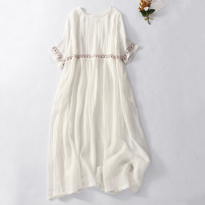 Women’s Maxi Dress – Relaxed Fit – Cotton – Short Sleeve – Lace Waist Detail
