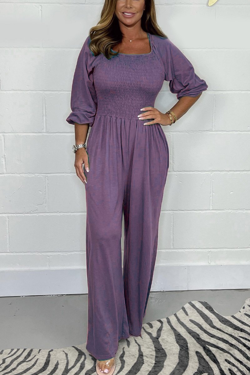 Women’s Jumpsuit – Smocked Bodice – Cotton Blend – Wide Leg – 3/4 Sleeve – Square Neck