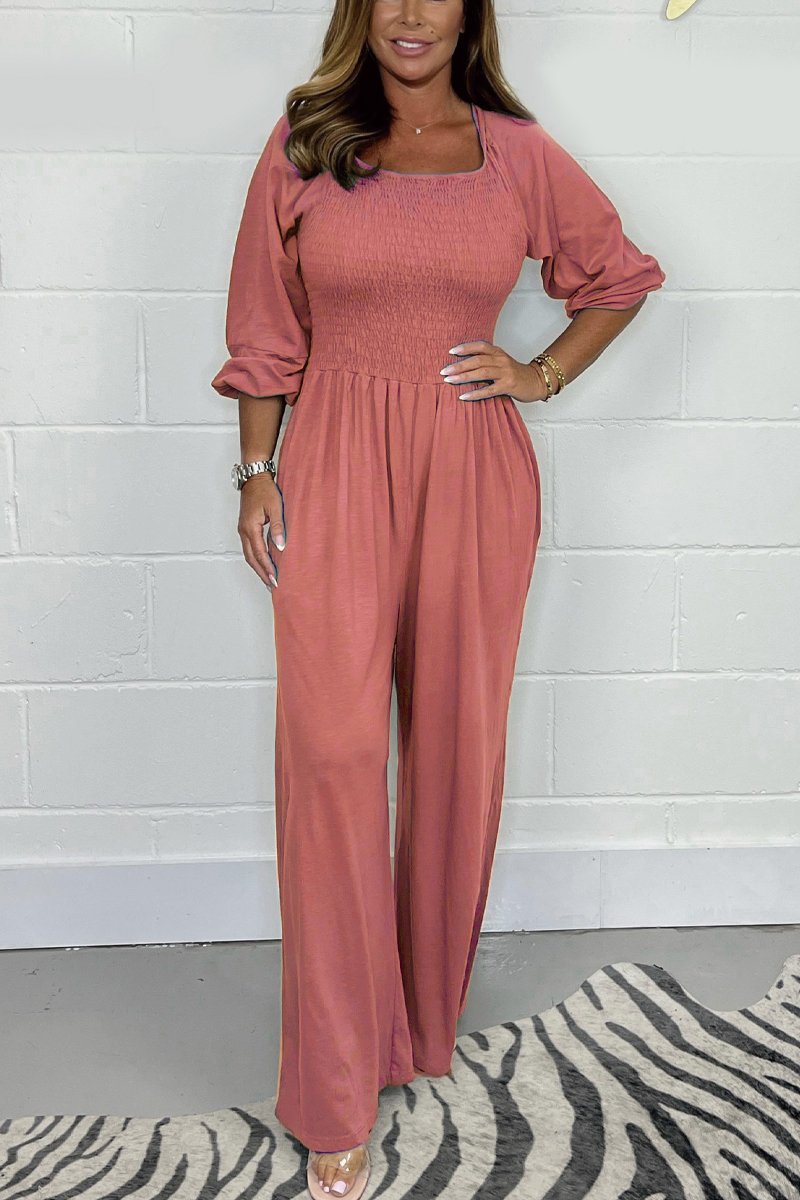 Women’s Jumpsuit – Smocked Bodice – Cotton Blend – Wide Leg – 3/4 Sleeve – Square Neck