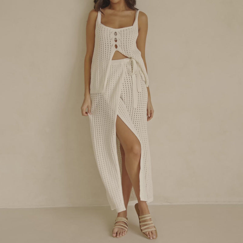 Women’s Two-Piece Knit Set – Cropped Sleeveless Top – Slit Maxi Skirt – Tie Waist