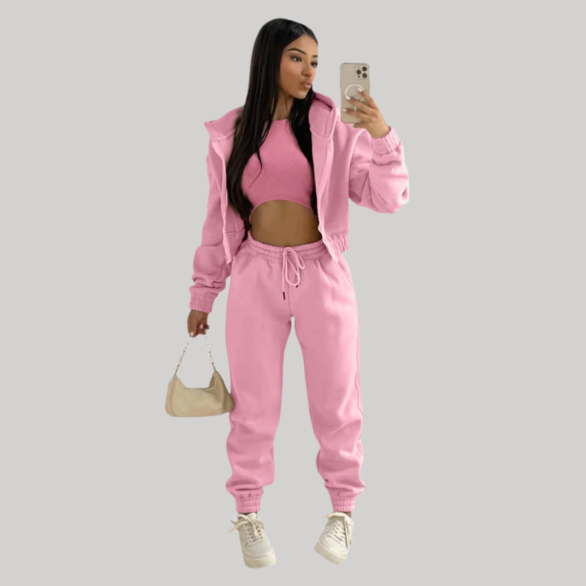 Women’s Tracksuit – 3 Piece Lounge Set – Crop Top – Zip Up Hoodie – Jogger Pants
