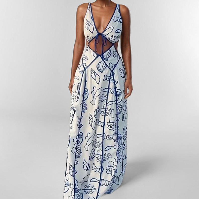 Women’s Maxi Dress – Lightweight Cotton Feel – V-Neck Cut-Out – Abstract Print – Spaghetti Straps