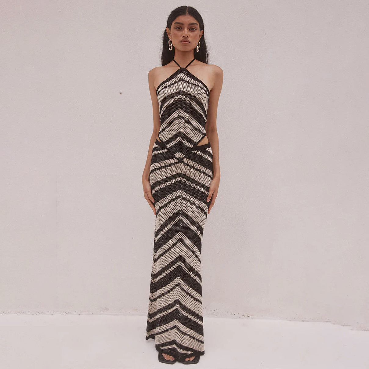 Women’s Knitted Dress – Bodycon Fit – Halter Neck – Geometric Stripe – Midi Length