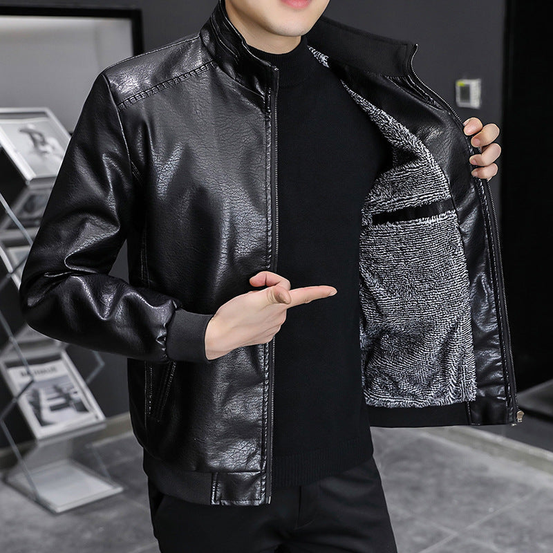 Men’s Leather Jacket – Slim Fit – Stand Collar – Zip-Up – Ribbed Hem and Cuffs