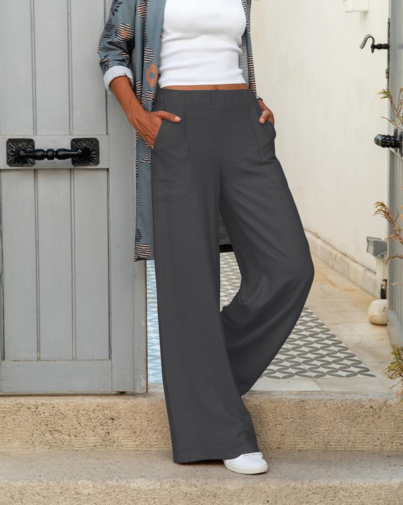Women’s Wide-Leg Trousers – Relaxed Fit – Elastic Waist – Lightweight Draped Fabric – Pockets