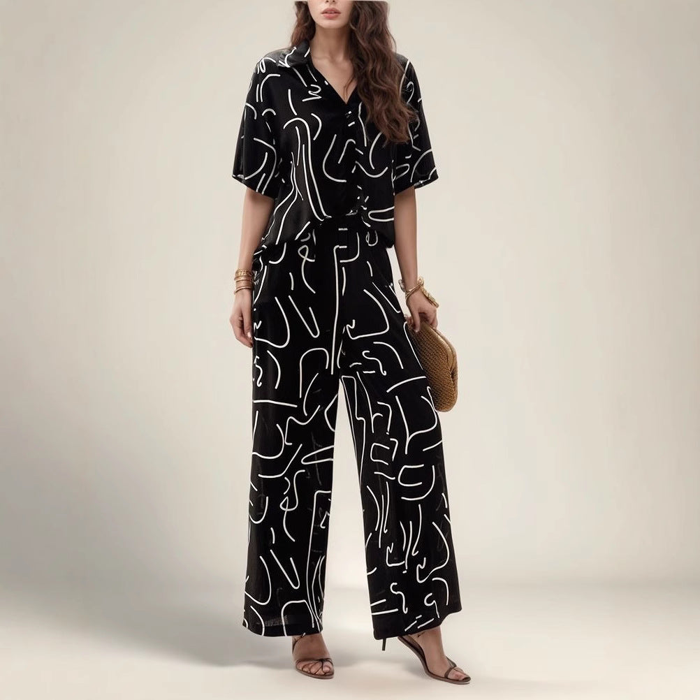 Women’s Oversized Blouse – Breathable Cotton – Abstract Print – Short Sleeve – Button Front