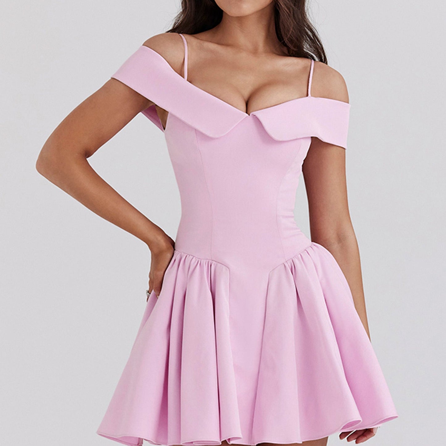 Women’s Off-Shoulder Midi Dress – Fitted Waist – A-Line – Spaghetti Straps – Elegant Fit