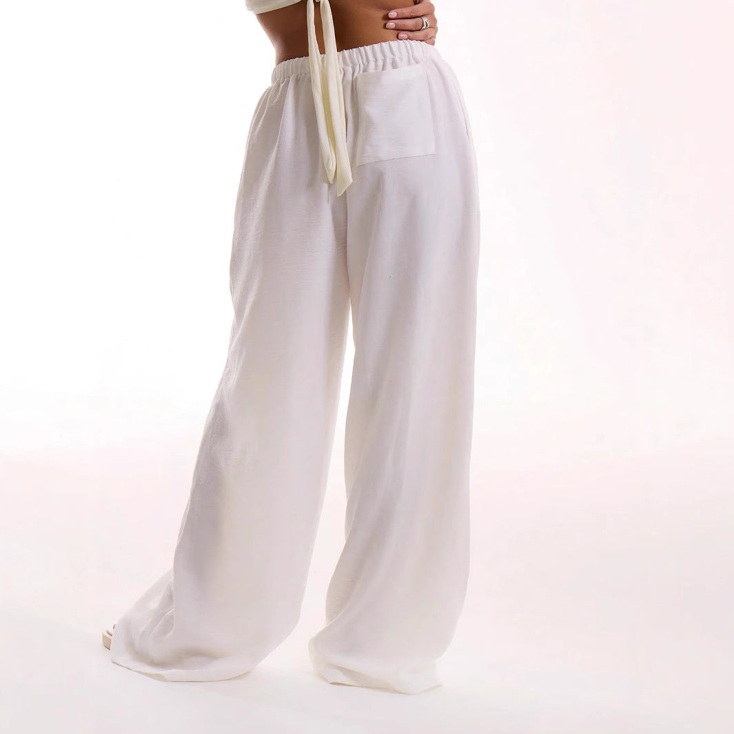 Women’s Wide-Leg Trousers – Linen Blend – Relaxed Fit – Drawstring Waist – Full Length