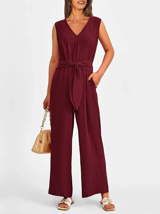 Women’s Jumpsuit – Wide Leg – V-Neck – Waist Tie – Sleeveless Elegant Fit