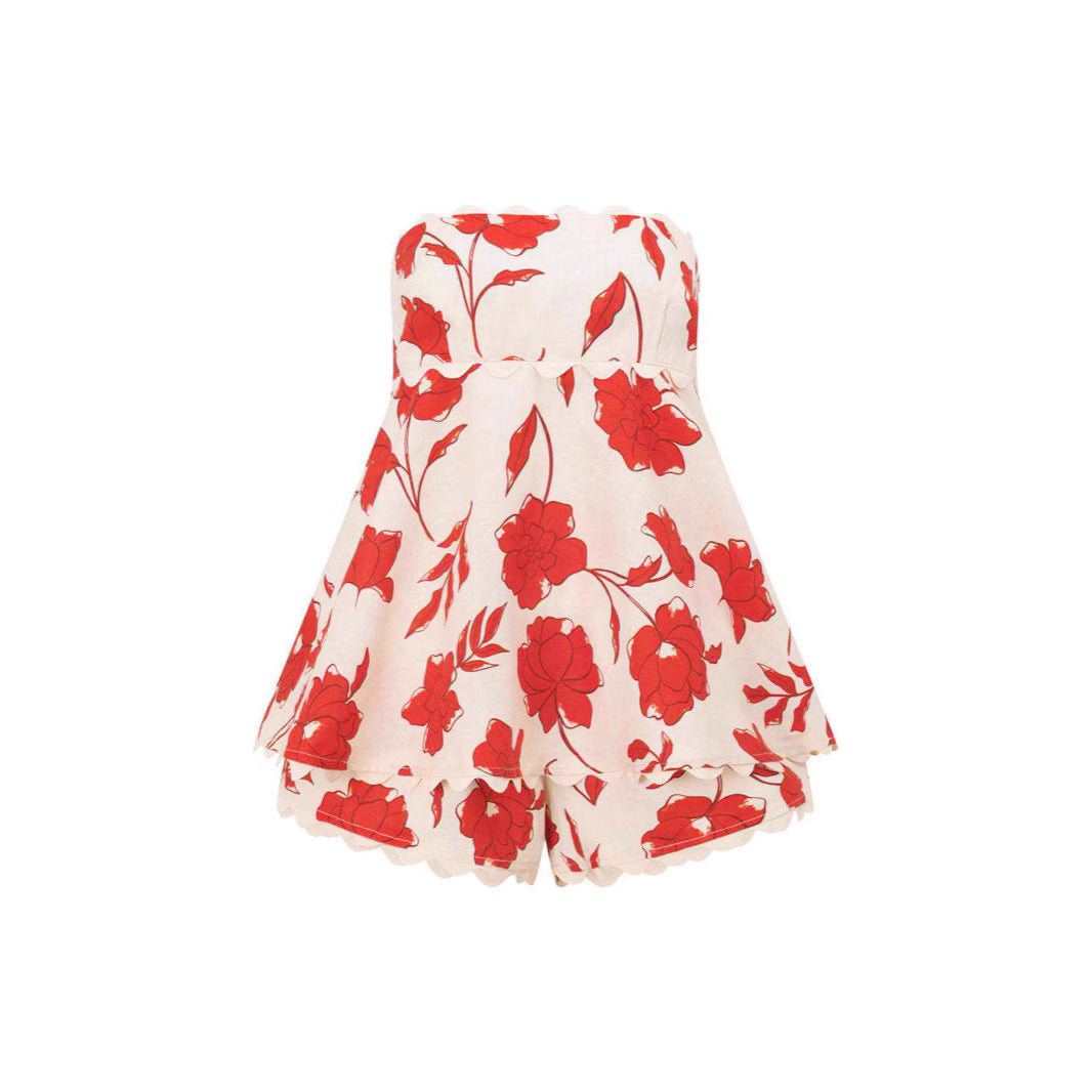 Women’s Two-Piece Set – Linen – Cropped Top & Mini Shorts – Floral Print – Lace Trim