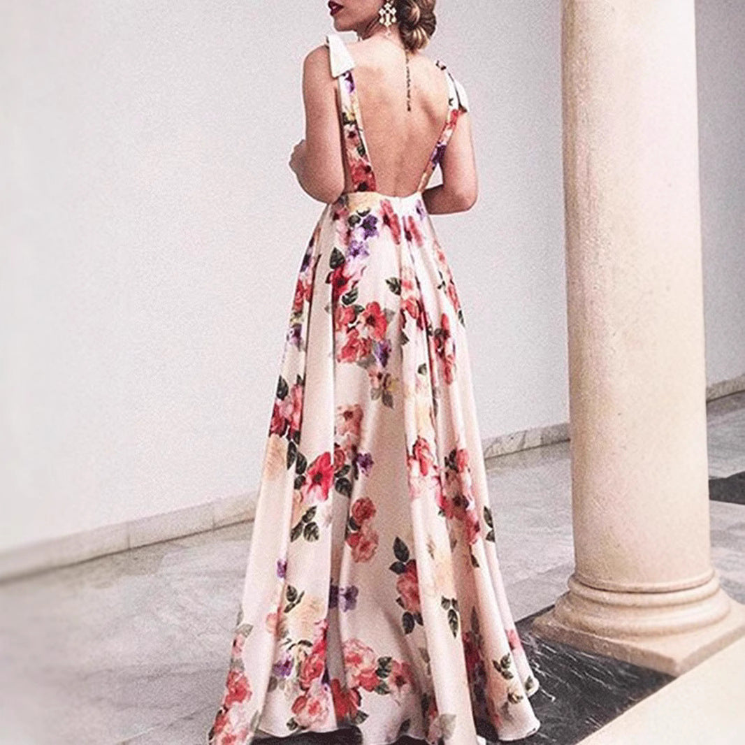 Women’s Maxi Dress – A-Line Fit – Floral Print – Spaghetti Straps – Backless Sleeveless