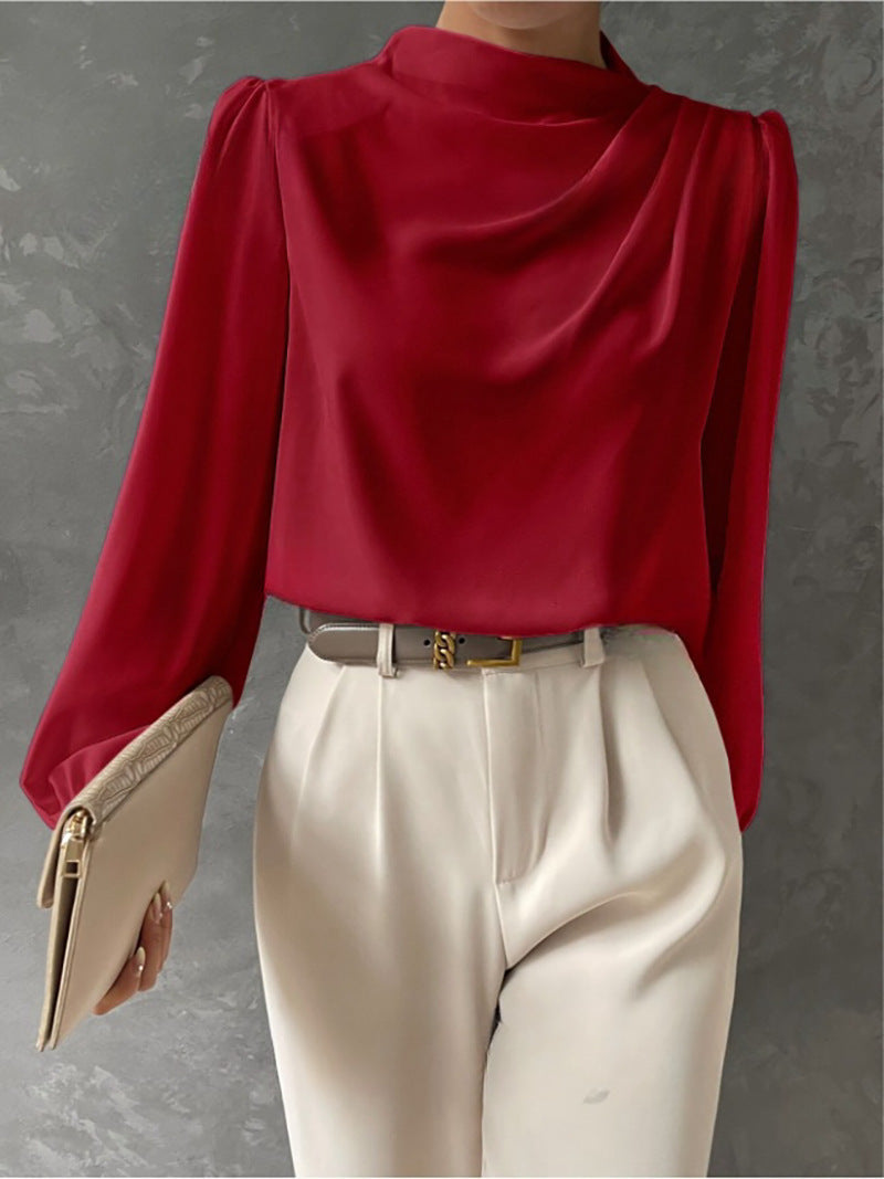 Women’s Satin Blouse – Relaxed Fit – High Neck – Long Sleeve Elegant Draped Top