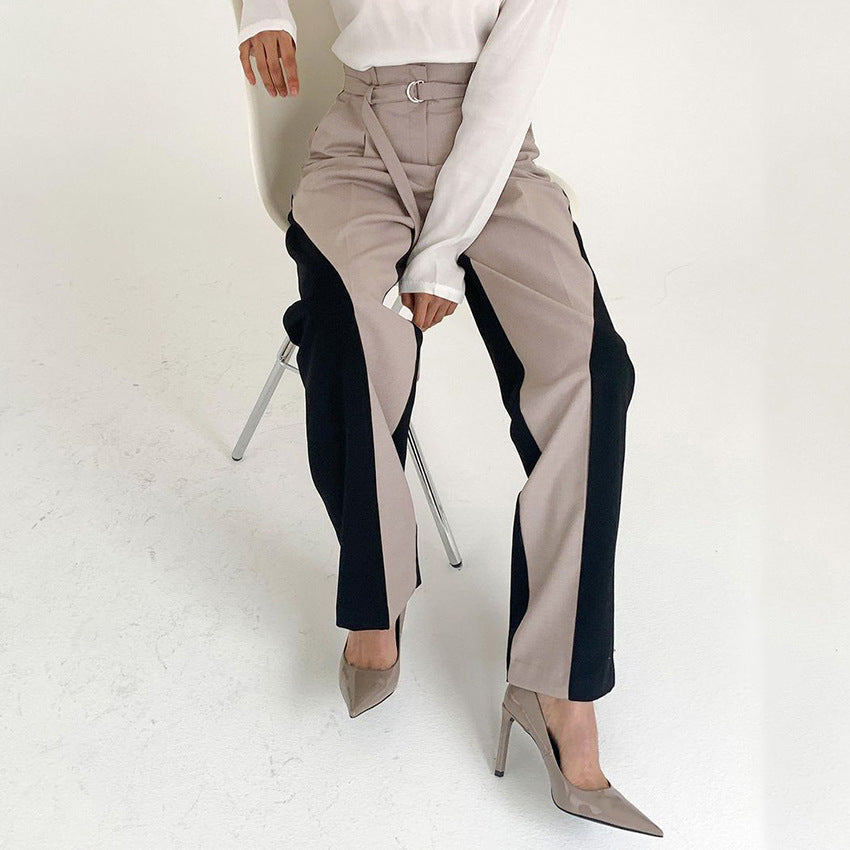 Women’s Wide-Leg Trousers – High Waist – Belted Ring Waistband – Colour Block Panel