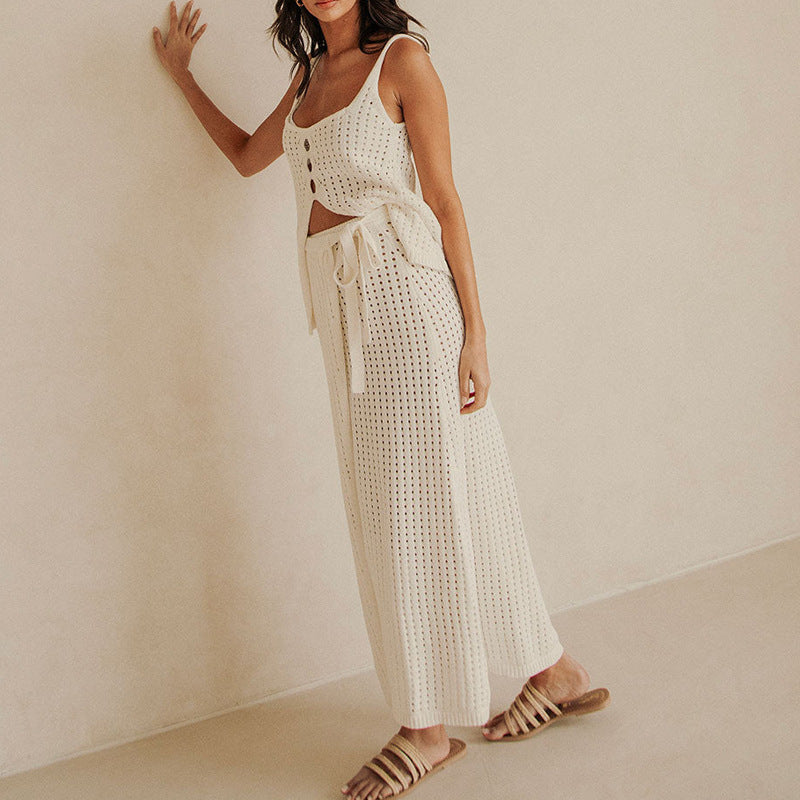 Women’s Two-Piece Knit Set – Cropped Sleeveless Top – Slit Maxi Skirt – Tie Waist