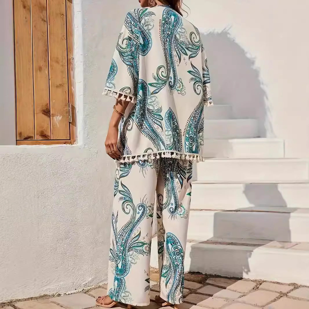 Women’s Kimono Set – Wide Leg Trousers – Tassel Hem – Paisley Print – Relaxed Fit
