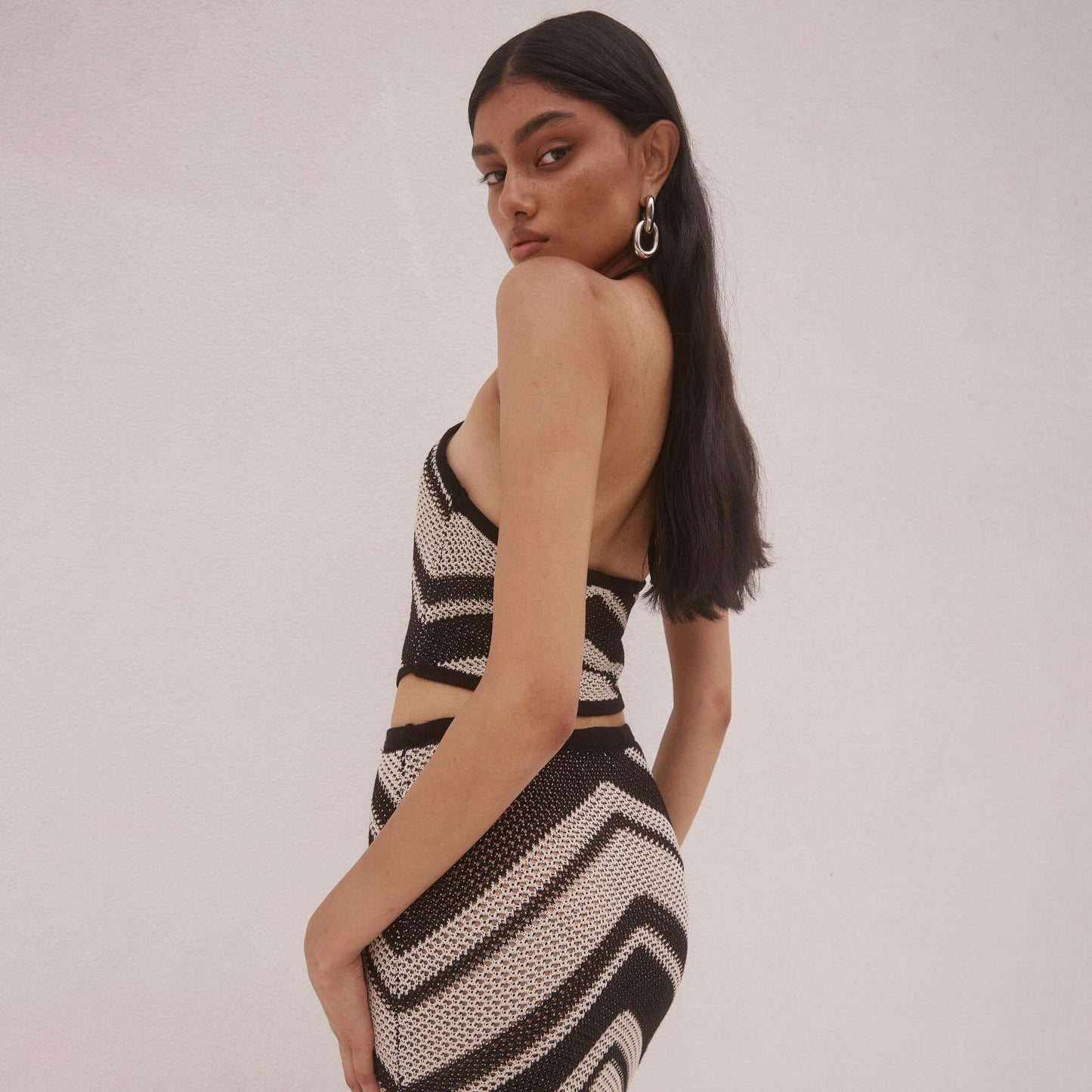 Women’s Knitted Dress – Bodycon Fit – Halter Neck – Geometric Stripe – Midi Length