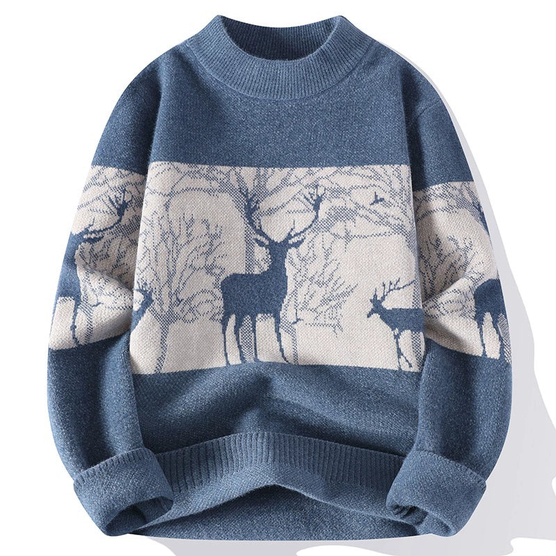 Men’s Pullover Sweater – Loose Fit – Wool Blend Knit – Mock Neck – Deer Pattern