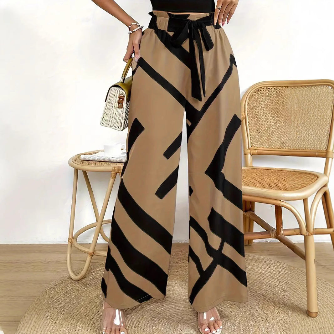 Women’s Wide-Leg Trousers – High Waist – Breathable Blend – Graphic Print – Belted Fit